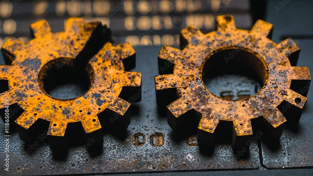Poster cogs with rust on a mechanical surface showing wear and age in a workshop environment