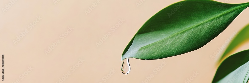 Poster close up view of a single water droplet clinging to the tip of a lush green leaf, about to fall, wit