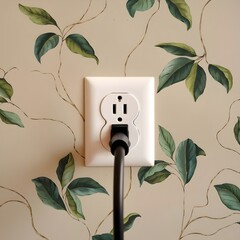 Electrical outlet on a floral patterned wallpapered wall.