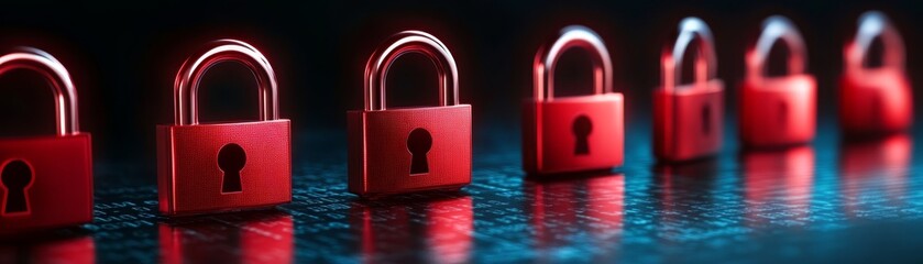 Enhanced security, row of red padlocks on black background symbolizing data protection and digital...