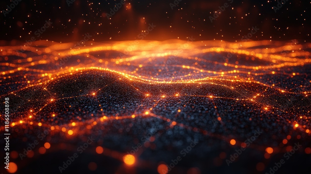 Poster a digital landscape with glowing, interconnected nodes resembling a network or data visualization.