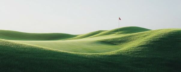 Scenic golf course with lush green grass and a distant flag, serene outdoor activity, sports lifestyle.