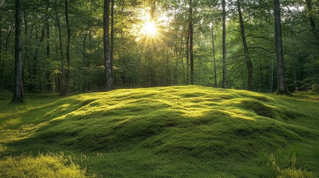 Sunlit Mossy Knoll in the Forest: A Serene Nature Scene
