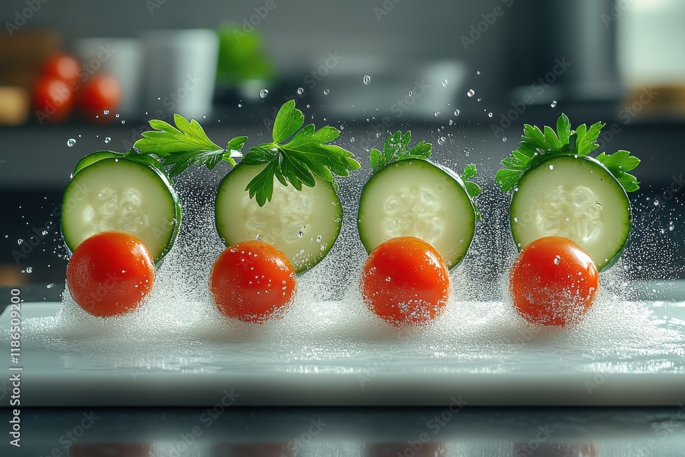Poster vibrant image of sliced cucumbers and cherry tomatoes submerged in sparkling water, creating a refre