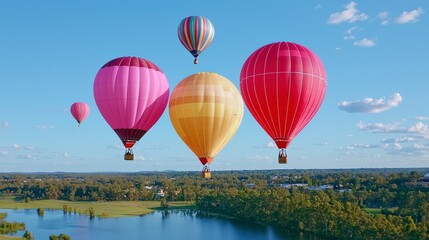 Fototapeta premium Colorful Hot Air Balloons Floating Over Scenic Landscape with Lake and Trees Under Clear Blue Sky