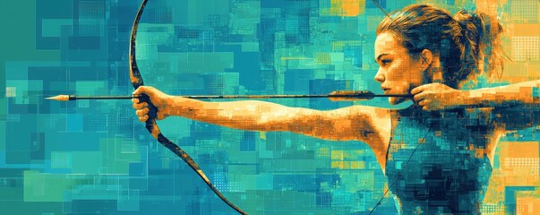 Young Woman in Action Aiming with Bow and Arrow in Vibrant Colors