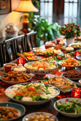 Obraz premium Chinese New Year festival, serene family dinner setting, traditional dishes on the table, warm lighting, harmonious atmosphere