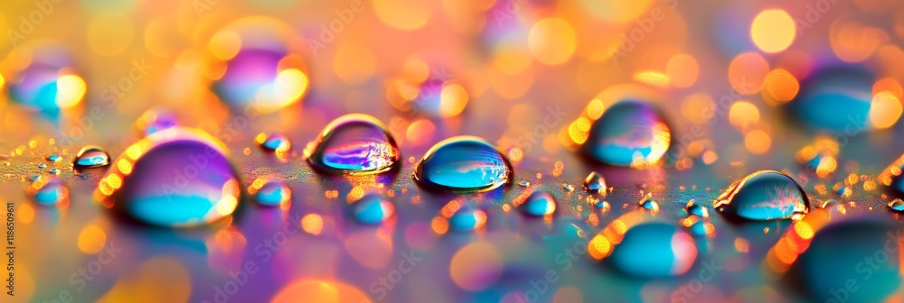 Poster Macro water drops reflecting an abstract, colorful background create a vibrant and mesmerizing spectacle, enhanced by a beautiful bokeh effect that captures light and texture