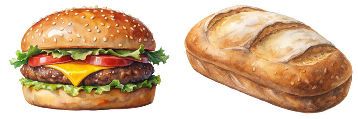 Delicious hamburger with fresh ingredients, golden sesame bun, rustic bread loaf, food illustration, culinary art.