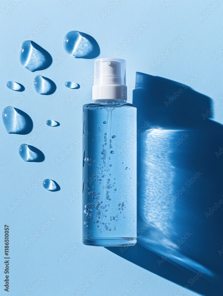 Poster Droplets of sanitizer effectively combating bacteria on a blue surface under bright light. Generative AI