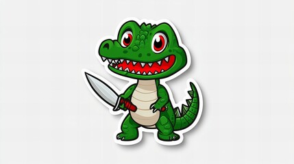 Fototapeta premium Adorable cartoon crocodile wielding a dagger. Green, red, and white color palette. Playful and fun illustration.