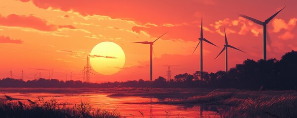 Scenic sunset over a modern wind farm, renewable energy focus, serene and sustainable landscape.