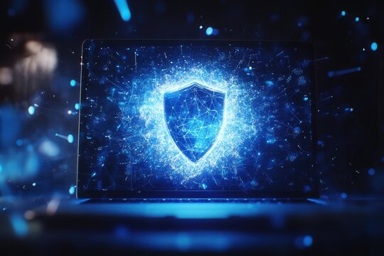  A creative banner showing a laptop screen with a holographic shield projected in front of it, symbolizing cybersecurity awareness for Safer Internet Day
