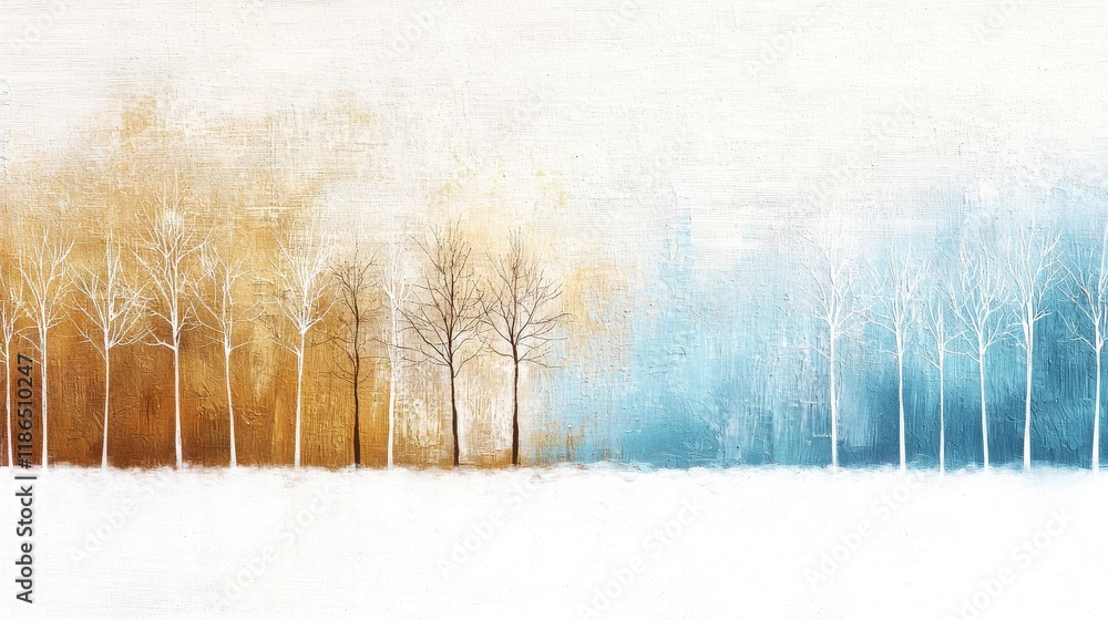 Poster tranquil landscape with bare trees set against warm and cool color gradients in soft textures