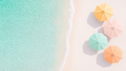 A serene beach lined with large, colorful umbrellas providing shade to sunbathers