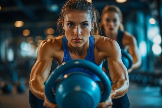 Athletic couple doing kettlebell goblet squat exercise during cross training in gym. Generative AI
