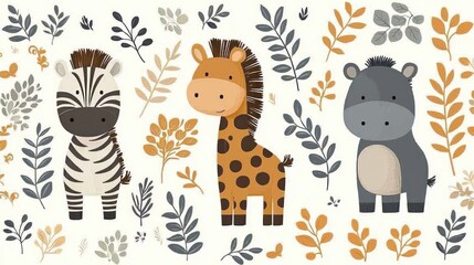 Cute cartoon animals among colorful foliage.