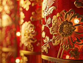 Chinese New Year fireworks, detailed close-up of traditional Chinese decorations, intricate patterns, rich textures, warm golden lighting