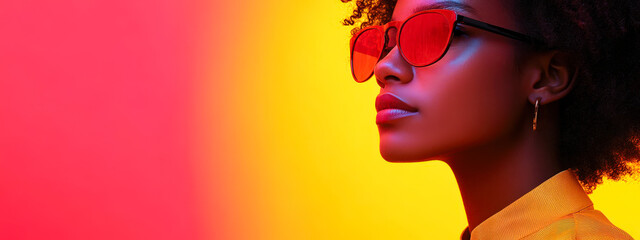 A woman with red sunglasses and a yellow shirt