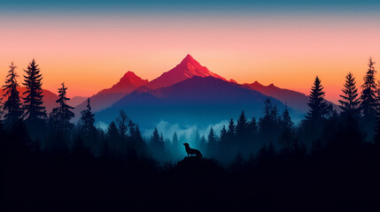 Naklejka premium A mountain peak surrounded by a misty forest with a lone wolf howling at dusk, minimal.