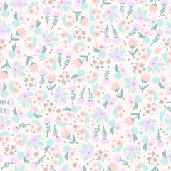 Naive art florals seamless pattern, colorful background print. Hand drawn flowers primitive design, soft pastel color