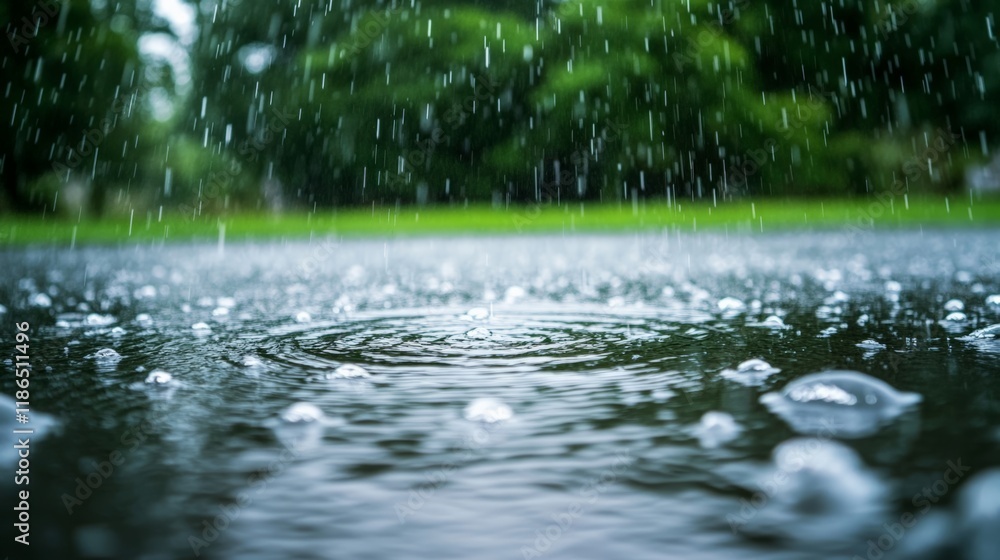 Poster heavy rain cascading down and creating ripples and droplets on the water's surface, set against a bl