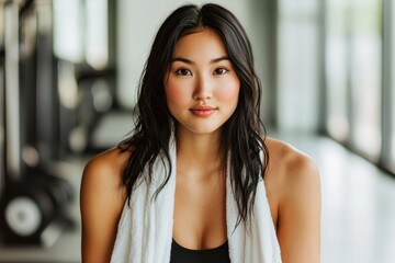 Fototapeta premium Young Woman with Towel in Athletic Wear at Modern Gym Interior