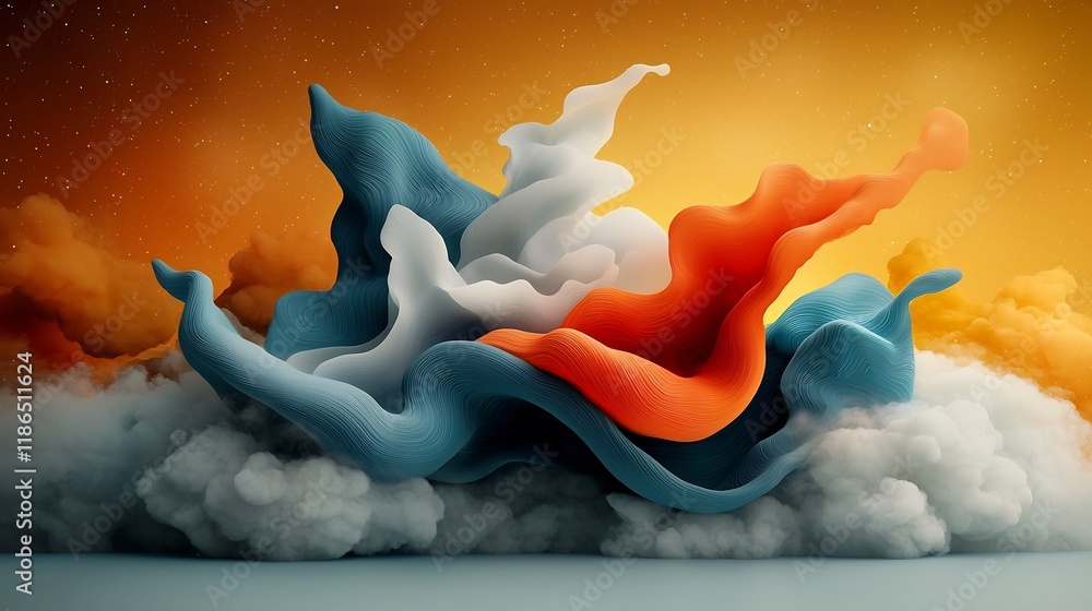 Poster captivating cosmic dreamscape featuring wavy undulating abstract shapes with a mesmerizing kaleidosc