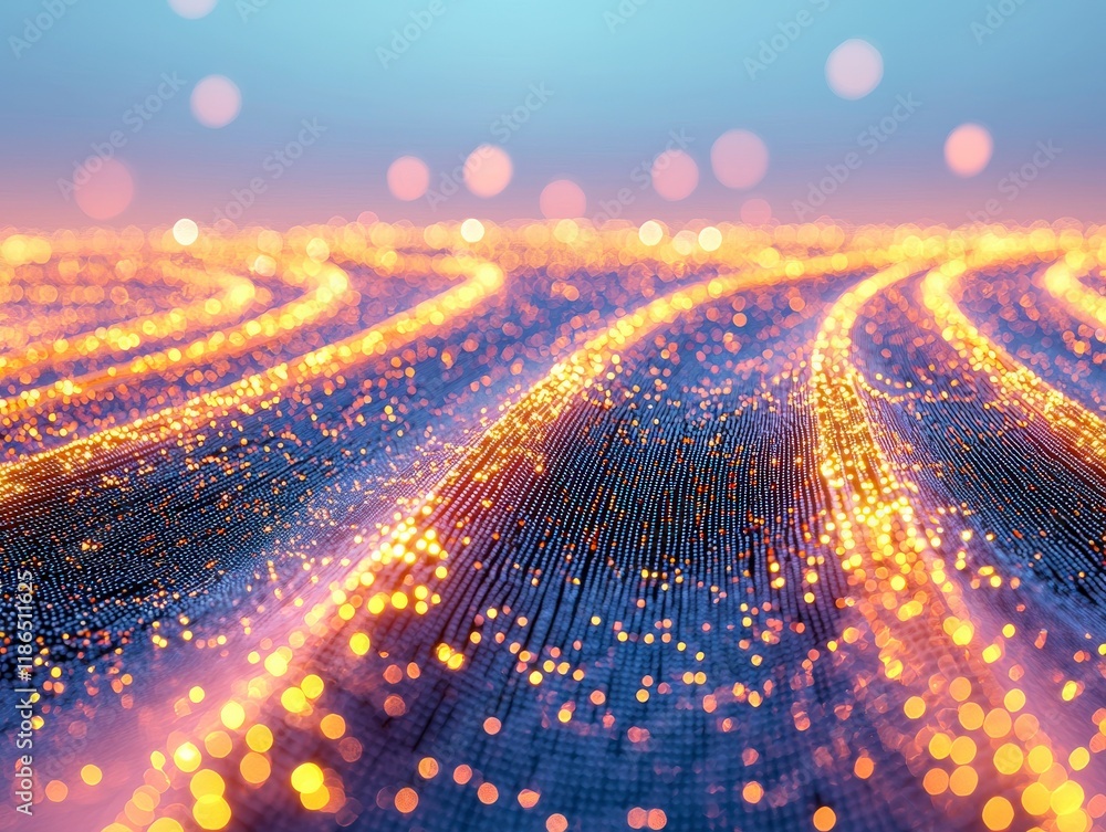 Poster abstract digital landscape with glowing particles and shimmering lights creating a futuristic atmosp