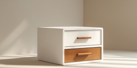 A white shelf with a drawer and a brown drawer