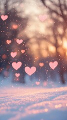 Obraz premium Blurred soft pink and red heart bokeh lights glowing gently, ideal for love-themed visuals, book illustration style