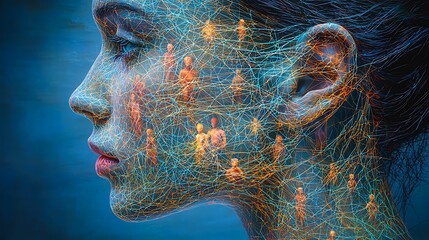 Woman's face, network, connections, blue, digital, concept, social media, profile.