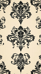 The image features an ornate damask pattern with black floral designs on a beige background