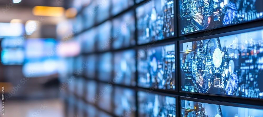 Poster seamless video wall displaying abstract digital data in a modern technological environment