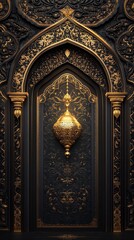 Obraz premium Ornate Golden Lamp in Intricate Black Archway: Elegant Islamic Art