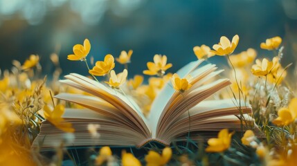 Open Book in a Field of Flowers: A captivating image of an open book lying peacefully amongst a vibrant field of yellow wildflowers, bathed in the warm glow of the setting sun.