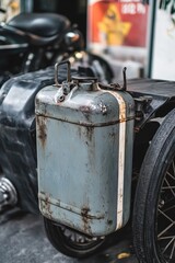 Fototapeta premium A blue suitcase sitting on the back of a motorcycle, great for travel or adventure shots