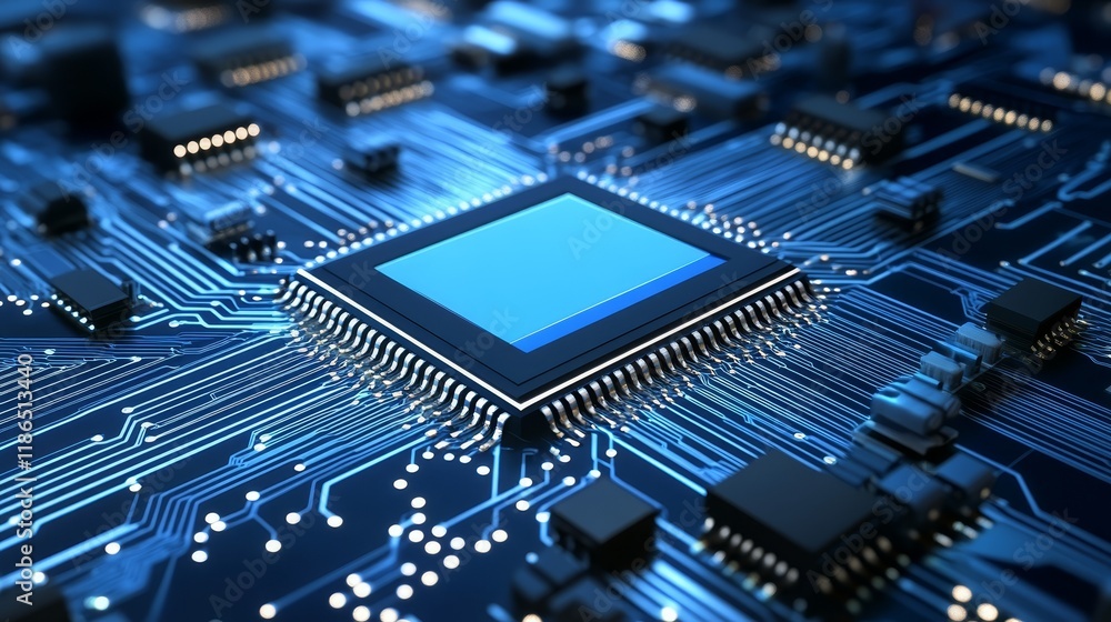 Poster intricate blue circuit board with microchip, a closeup view of electronic components and technology