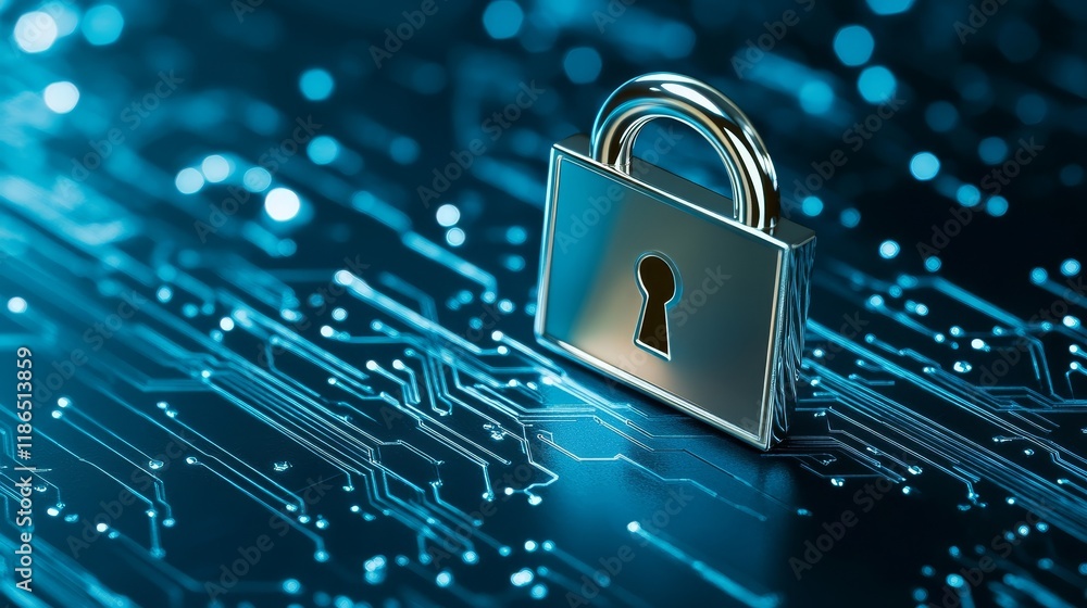 Aufkleber cybersecurity padlock protecting digital circuit, ensuring data protection and network security
