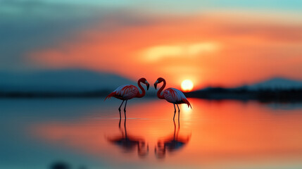 A pair of flamingos standing in shallow water during a soft sunrise, minimalist and peaceful.