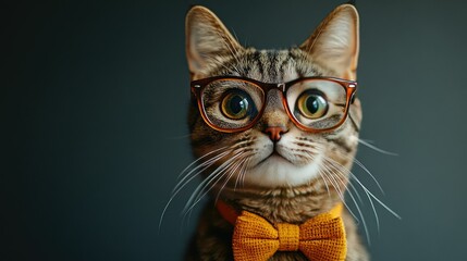 A curious tabby cat wearing glasses and a bow tie.