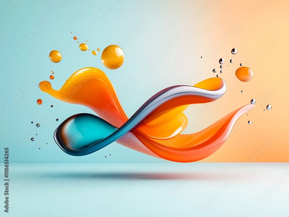 Poster surreal and abstract digital artwork featuring a captivating metallic organic form flowing through a