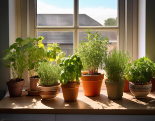 Fototapeta premium Home kitchen windowsill filled with various aromatic herbs in terracotta pots under natural light