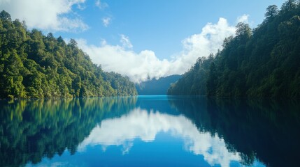 Fototapeta premium Serene lake reflecting blue sky and lush green mountains.