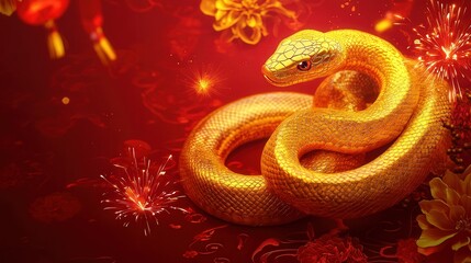 Obraz premium A creative 3D rendered background for Happy Chinese New Year 2025 featuring a golden snake intertwined with a glowing Chinese knot,