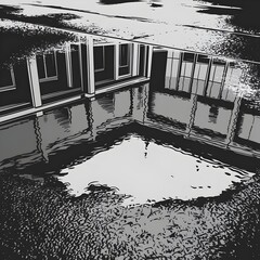 Water puddle reflection of a building.