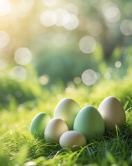 Fototapeta premium Beautifully Arranged Eggs on Green Grass Illuminated by Warm Sunlight in an Outdoor Setting