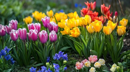 Obraz premium Rainbow of Tulips: A vibrant symphony of colors bursts forth from a lush garden bed, where pink, yellow, orange, and blue tulips create a captivating display of spring's arrival. 