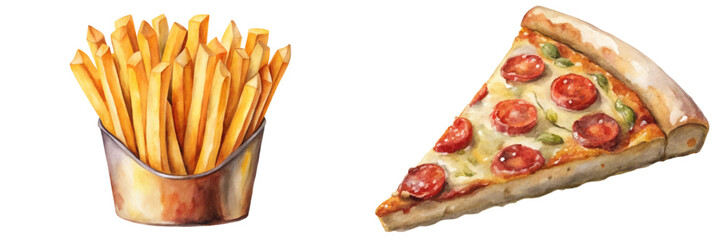 Delicious pizza slice, crispy French fries, vibrant food illustration, appetizing fast food, colorful watercolor style.