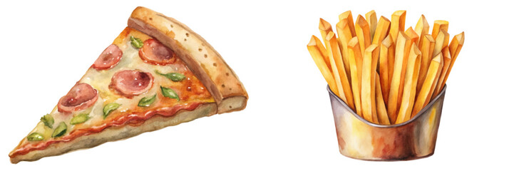 Delicious pizza slice, crispy French fries, vibrant watercolor style, food illustration, appetizing design.
